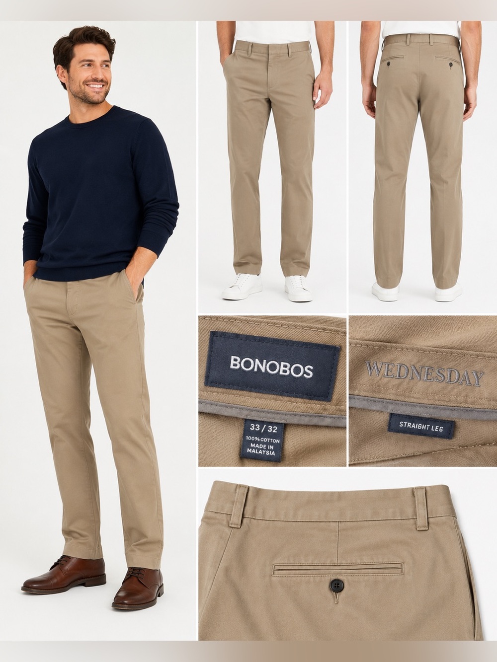 Bonobos Weekday Straight Leg Chino Pants Men’s 33x32 Khaki Tan 100% Cotton